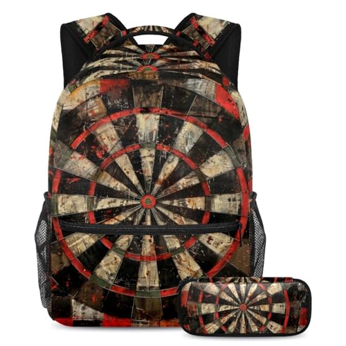 VAPOKF Grunge Dartboard-Schultaschen-Set für Teenager, Mädchen, Jungen, Kinder, Schüler-Büchertasche, Rucksack mit Federmäppchen für die Grundschule, multi, Einheitsgröße, Schulranzen-Set von VAPOKF