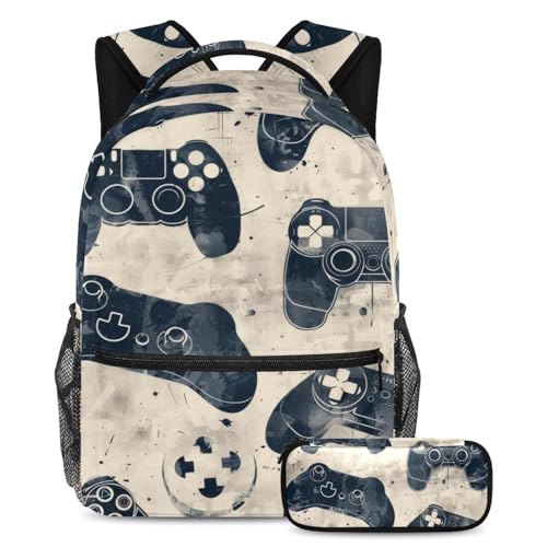 VAPOKF Grunge Gamepad Joysticks Schulranzen-Set für Teenager, Mädchen, Jungen, Kinder, Schüler-Büchertasche, Rucksack mit Federmäppchen für die Grundschule, multi, Einheitsgröße, Schulranzen-Set von VAPOKF