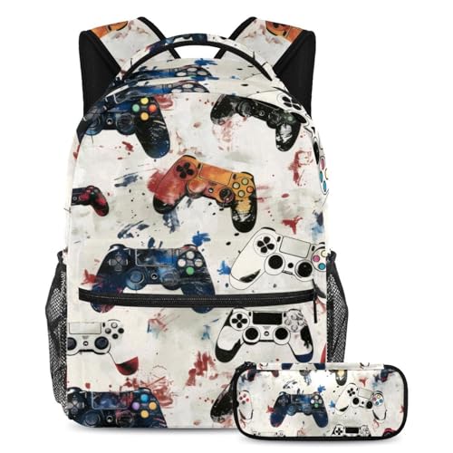 VAPOKF Grunge Gamepad Joysticks Schulranzen-Set für Teenager, Mädchen, Jungen, Kinder, Schüler-Büchertasche, Rucksack mit Federmäppchen für die Grundschule, multi, Einheitsgröße, Schulranzen-Set von VAPOKF