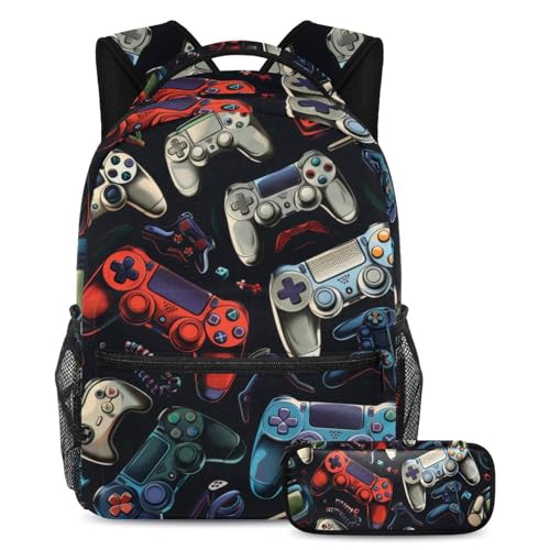 VAPOKF Grunge Gamepad Joysticks Schulranzen-Set für Teenager, Mädchen, Jungen, Kinder, Schüler-Büchertasche, Rucksack mit Federmäppchen für die Grundschule, multi, Einheitsgröße, Schulranzen-Set von VAPOKF