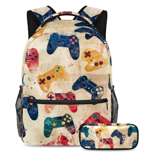 VAPOKF Grunge Gamepad Joysticks Schulranzen-Set für Teenager, Mädchen, Jungen, Kinder, Schüler-Büchertasche, Rucksack mit Federmäppchen für die Grundschule, multi, Einheitsgröße, Schulranzen-Set von VAPOKF