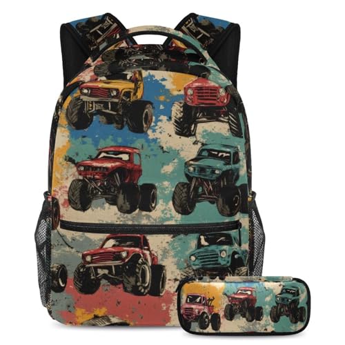 VAPOKF Grunge Monster Truck Cars Schulranzen-Set für Teenager, Mädchen, Jungen, Kinder, Schüler-Büchertasche, Rucksack mit Federmäppchen für die Grundschule, multi, Einheitsgröße, Schulranzen-Set von VAPOKF