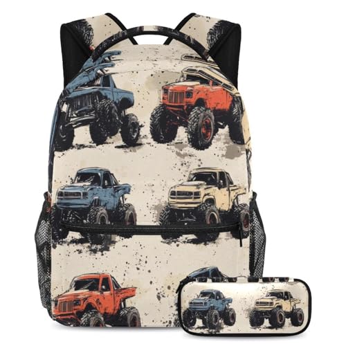 VAPOKF Grunge Monster Trucks Schulranzen-Set für Teenager, Mädchen, Jungen, Kinder, Schüler-Büchertasche, Rucksack mit Federmäppchen für die Grundschule, multi, Einheitsgröße, Schulranzen-Set von VAPOKF