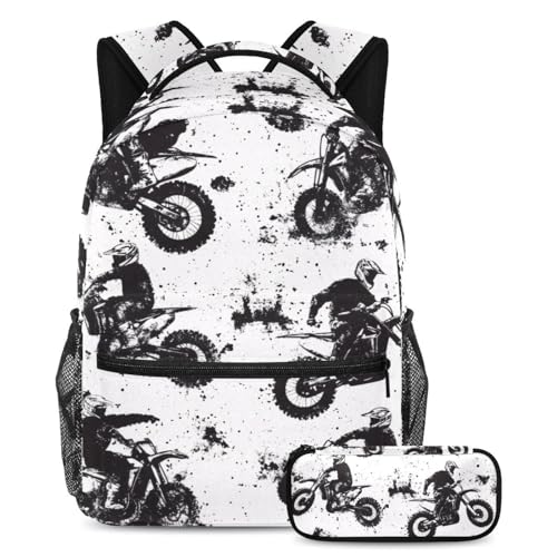 VAPOKF Grunge Motorcross Schulranzen-Set für Teenager, Mädchen, Jungen, Kinder, Schüler-Büchertasche, Rucksack mit Federmäppchen für die Grundschule, multi, Einheitsgröße, Schulranzen-Set von VAPOKF