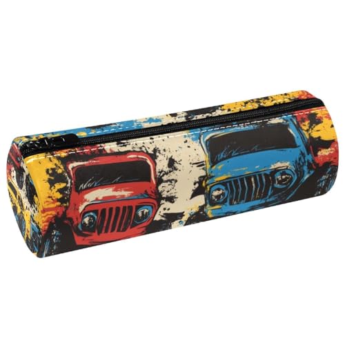 VAPOKF Grunge Painting Monster Trucks Lederfass Stifteetui Münzbörse Kosmetiktasche für Schüler Schreibwaren Schule Büro Aufbewahrung von VAPOKF