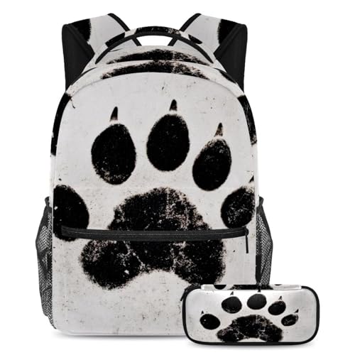 VAPOKF Grunge Paw Footprint Schulranzen-Set für Teenager, Mädchen, Jungen, Kinder, Schüler-Büchertasche, Rucksack mit Federmäppchen für Grundschule, multi, Einheitsgröße, Schulranzen-Set von VAPOKF