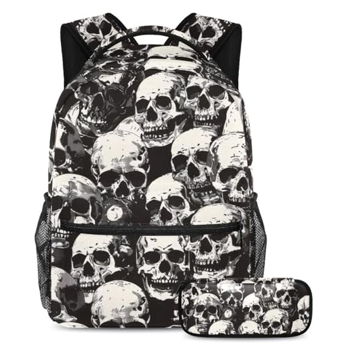 VAPOKF Grunge Schulranzen-Set mit Totenköpfen für Teenager, Mädchen, Jungen, Kinder, Schüler-Büchertasche, Rucksack mit Federmäppchen für die Grundschule, multi, Einheitsgröße, Schulranzen-Set von VAPOKF