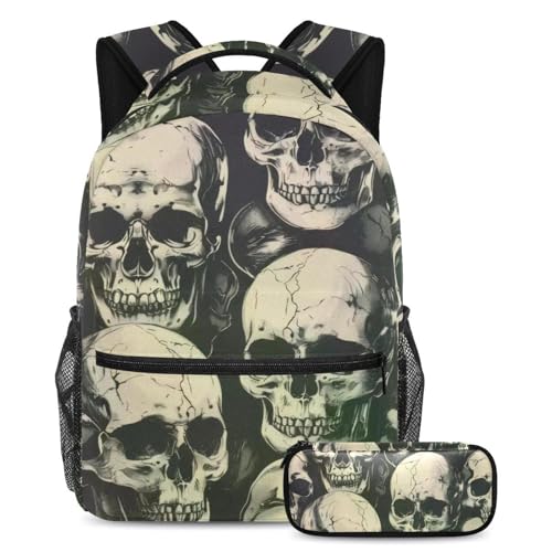 VAPOKF Grunge Schulranzen-Set mit Totenkopfmotiv für Teenager, Mädchen, Jungen, Kinder, Schüler-Büchertasche, Rucksack mit Federmäppchen für die Grundschule, multi, Einheitsgröße, Schulranzen-Set von VAPOKF