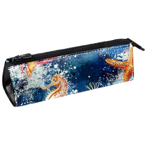 VAPOKF Grunge Seepferdchen-Korallen auf blauem Stifteetui, Schreibwaren-Tasche, Kosmetiktasche, kompakte Reißverschlusstasche von VAPOKF