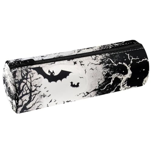 VAPOKF Halloween Dead Tree Pumpkin Bats Leather Barrel Pen Case Coin Purse Cosmetic Makeup Bag for Student Stationery School Office Storage von VAPOKF