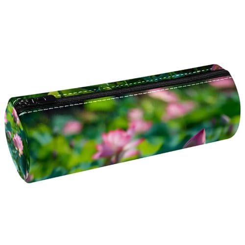 VAPOKF Lotus Pond Blossom Flowers Leather Barrel Pen Case Coin Purse Cosmetic Makeup Bag for Student Stationery School Office Storage von VAPOKF