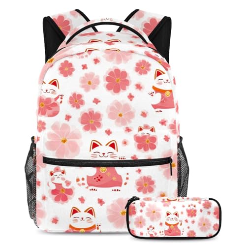 VAPOKF Lucky Cats Schulranzen-Set mit Kirsch-Blumenmuster, für Teenager, Mädchen, Jungen, Kinder, Schüler-Büchertasche, Rucksack mit Federmäppchen für die Grundschule VAPOKF Lucky Cats Schulranzen-Set mit Kirsch-Blumenmuster, für Teenager, Mädchen, Jungen, Kinder, Schüler-Büchertasche, Rucksack mit Federmäppchen für die Grundschule von VAPOKF