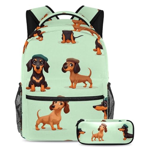 VAPOKF Niedliche Dackel in Baskenmützen-Schulranzen-Set für Teenager, Mädchen, Jungen, Kinder, Schüler-Büchertasche, Rucksack mit Federmäppchen für die Grundschule von VAPOKF