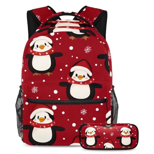VAPOKF Niedliches Schulranzen-Set mit Weihnachts-Pinguinen und Schneeflocken, für Teenager, Mädchen, Jungen, Kinder, Schüler-Büchertasche, Rucksack mit Federmäppchen für die Grundschule, multi von VAPOKF