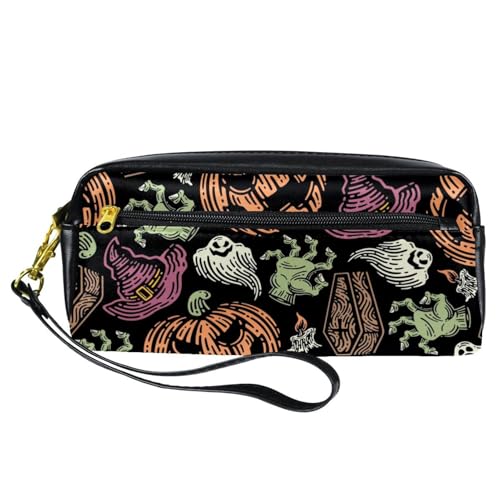 VAPOKF PU-Federmäppchen, Stiftetasche, Schüler-Schreibwaren-Tasche mit Reißverschluss, für Jungen und Mädchen, Schul- und Bürobedarf – Halloween-Zombie-Handgeist, Kürbis-Kerze, multi, von VAPOKF