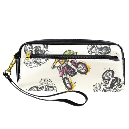 VAPOKF PU-Federmäppchen für Schüler, Schreibwaren-Tasche mit Reißverschluss, für Jungen und Mädchen, Schul- und Bürobedarf – Dinosaurier beim Motorradfahren, multi, 20.5x5x8.5cm/8.1x2x3.3in, von VAPOKF
