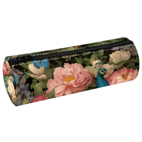 VAPOKF Peocock on Blossom Peocock on Blossom Peony Butterfly Leather Barrel Pen Case Coin Purse Cosmetic Makeup Bag for Student Stationery School Office Storage von VAPOKF