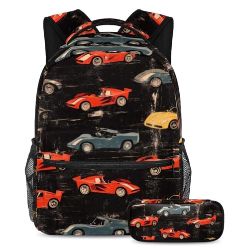 VAPOKF Racing Cars Grunge Schulranzen-Set für Teenager, Mädchen, Jungen, Kinder, Schüler-Büchertasche, Rucksack mit Federmäppchen für die Grundschule, Sekundarstufe, Junior High School, Schwarz, multi von VAPOKF