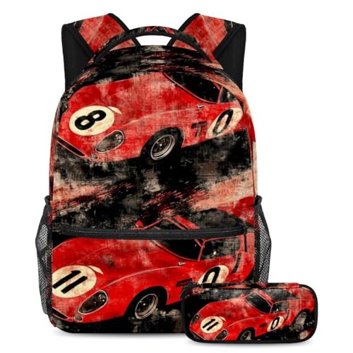 VAPOKF Red Racing Cars Grunge Schulranzen-Set für Teenager, Mädchen, Jungen, Kinder, Schüler-Büchertasche, Rucksack mit Federmäppchen für die Grundschule, Sekundarstufe, multi, Einheitsgröße von VAPOKF