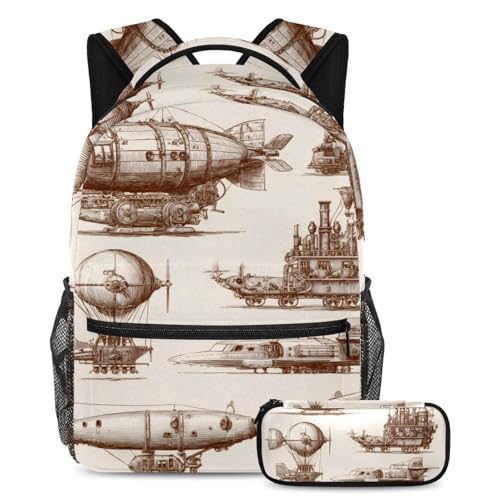 VAPOKF Schulranzen-Set im Steampunk-Stil, Motiv: Flugzeug, für Teenager, Mädchen, Jungen, Kinder, Schüler, Büchertasche, Rucksack mit Federmäppchen für die Grundschule VAPOKF Schulranzen-Set im Steampunk-Stil, Motiv: Flugzeug, für Teenager, Mädchen, Jungen, Kinder, Schüler, Büchertasche, Rucksack mit Federmäppchen für die Grundschule von VAPOKF