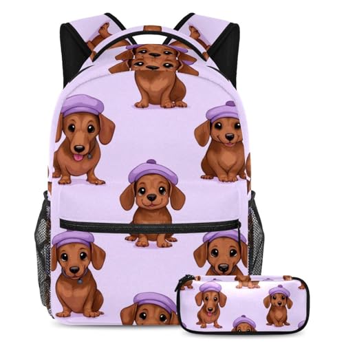 VAPOKF Schulranzen-Set mit Dackel-Hund mit lila Baskenmütze, für Teenager, Mädchen, Jungen, Kinder, Schüler-Büchertasche, Rucksack mit Federmäppchen für die Grundschule von VAPOKF