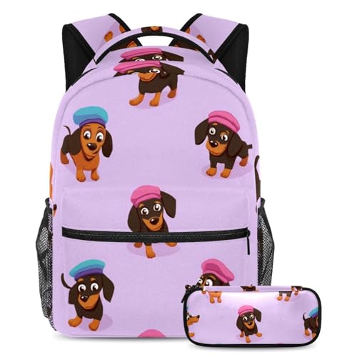 VAPOKF Schulranzen-Set mit Dackel-Hunden mit Baskenmütze, für Teenager, Mädchen, Jungen, Kinder, Schüler-Büchertasche, Rucksack mit Federmäppchen für die Grundschule von VAPOKF