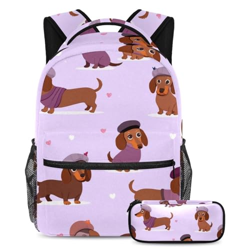 VAPOKF Schulranzen-Set mit Dackel mit Baskenmütze, für Teenager, Mädchen, Jungen, Kinder, Schüler-Büchertasche, Rucksack mit Federmäppchen für die Grundschule von VAPOKF