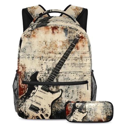 VAPOKF Schulranzen-Set mit Gitarren-Musiknoten auf Grunge-Schulranzen-Set für Teenager, Mädchen, Jungen, Kinder, Schüler-Büchertasche, Rucksack mit Federmäppchen für die Grundschule, multi von VAPOKF