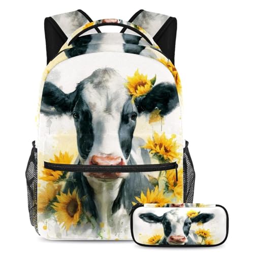 VAPOKF Schulranzen-Set mit Kuh-Sonnenblumen-Motiv, für Teenager, Mädchen, Jungen, Kinder, Schüler-Büchertasche, Rucksack mit Federmäppchen für die Grundschule VAPOKF Schulranzen-Set mit Kuh-Sonnenblumen-Motiv, für Teenager, Mädchen, Jungen, Kinder, Schüler-Büchertasche, Rucksack mit Federmäppchen für die Grundschule von VAPOKF