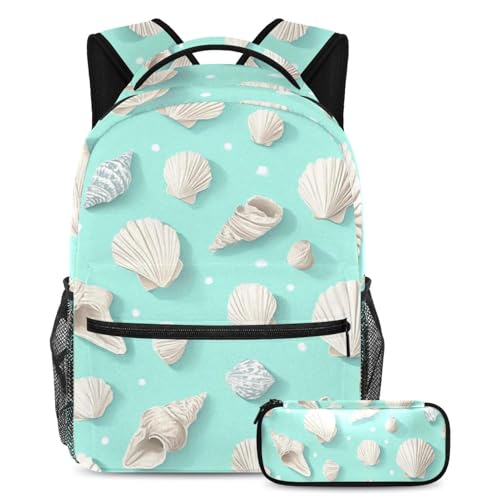 VAPOKF Schulranzen-Set mit Muscheln und Muscheln, für Teenager, Mädchen, Jungen, Kinder, Schüler-Büchertasche, Rucksack mit Federmäppchen für die Grundschule, Sekundarstufe von VAPOKF