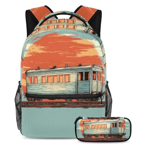 VAPOKF Schulranzen-Set mit Retro-Zug auf Eisenbahn, für Teenager, Mädchen, Jungen, Kinder, Schüler-Büchertasche, Rucksack mit Federmäppchen für die Grundschule, multi, Einheitsgröße, Schulranzen-Set von VAPOKF