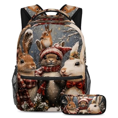 VAPOKF Schulranzen-Set mit Weihnachts-Kaninchen für Teenager, Mädchen, Jungen, Kinder, Schüler-Büchertasche, Rucksack mit Federmäppchen für die Grundschule, multi, Einheitsgröße, Schulranzen-Set von VAPOKF