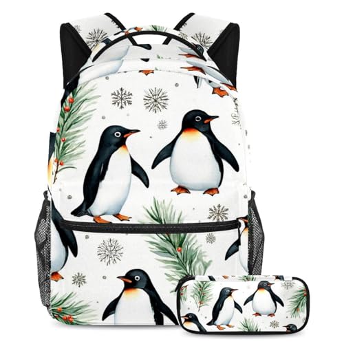 VAPOKF Schulranzen-Set mit Weihnachts-Pinguin-Schneeflocken, für Teenager, Mädchen, Jungen, Kinder, Schüler-Büchertasche, Rucksack mit Federmäppchen für die Grundschule von VAPOKF