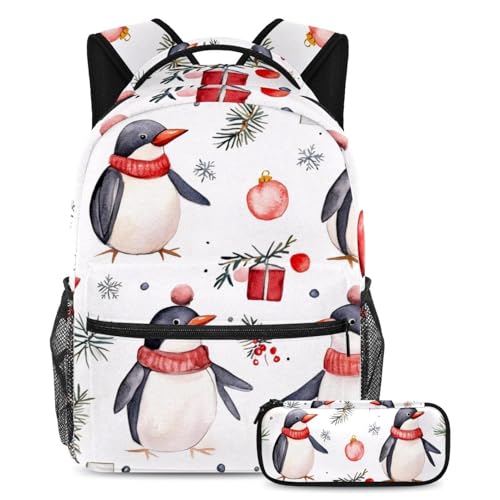 VAPOKF Schulranzen-Set mit Weihnachts-Pinguin und Geschenken, für Teenager, Mädchen, Jungen, Kinder, Schüler-Büchertasche, Rucksack mit Federmäppchen für die Grundschule, multi, Einheitsgröße von VAPOKF