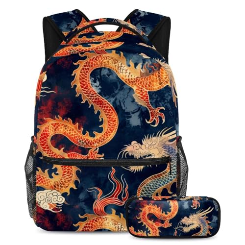VAPOKF Schulranzen-Set mit antikem chinesischem Drachen, für Teenager, Mädchen, Jungen, Kinder, Schüler-Büchertasche, Rucksack mit Federmäppchen für die Grundschule, multi, Einheitsgröße, von VAPOKF