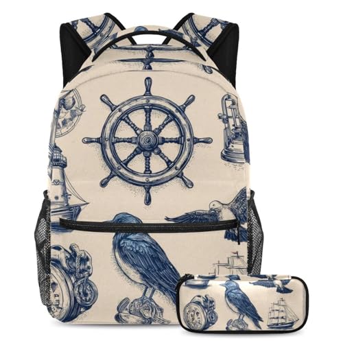 VAPOKF Schulranzen-Set mit nautischem Rad, Leuchtturm, Segelboot, Schulranzen-Set für Teenager, Mädchen, Jungen, Kinder, Schüler-Büchertasche, Rucksack mit Federmäppchen für die Grundschule VAPOKF Schulranzen-Set mit nautischem Rad, Leuchtturm, Segelboot, Schulranzen-Set für Teenager, Mädchen, Jungen, Kinder, Schüler-Büchertasche, Rucksack mit Federmäppchen für die Grundschule von VAPOKF