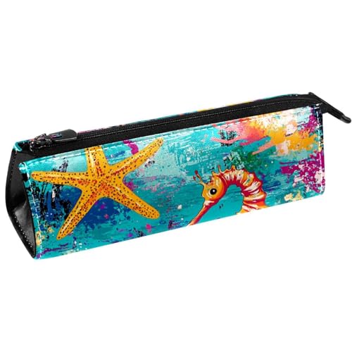 VAPOKF Seepferdchen, Seestern auf Grunge-Stifttasche, Schreibwaren-Tasche, Kosmetiktasche, kompakte Reißverschlusstasche von VAPOKF