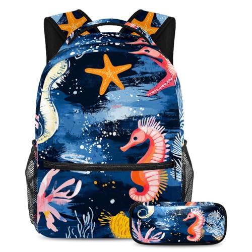VAPOKF Seepferdchen-Schulranzen-Set mit Seestern, Grunge-Hintergrund, für Teenager, Mädchen, Jungen, Kinder, Schüler-Büchertasche, Rucksack mit Federmäppchen für die Grundschule, multi, Einheitsgröße von VAPOKF