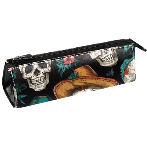 VAPOKF Stiftetasche mit mexikanischem Totenkopf, Motiv: Blumen, Hut, Schreibwaren, Kosmetiktasche, kompakte Reißverschlusstasche von VAPOKF