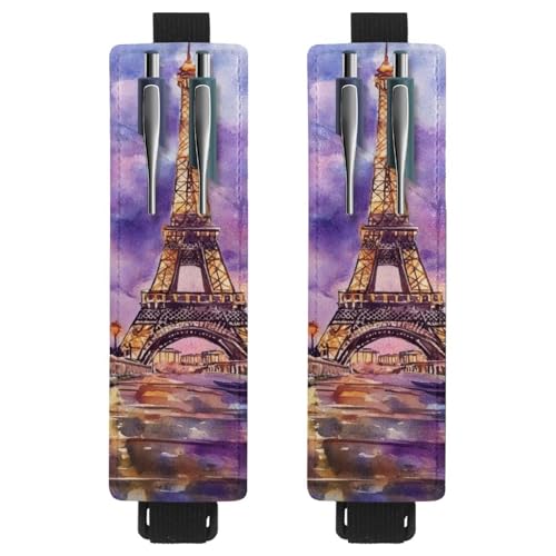 VAPOKF Stifthalter für Notebook, PU-Leder, Stifthalter, Stifteetui für Hardcover-Zeitschriften, Bücher, Planer, Ordner, Tablets, 2 Stück, Aquarell-Violett, Eiffelturm von VAPOKF