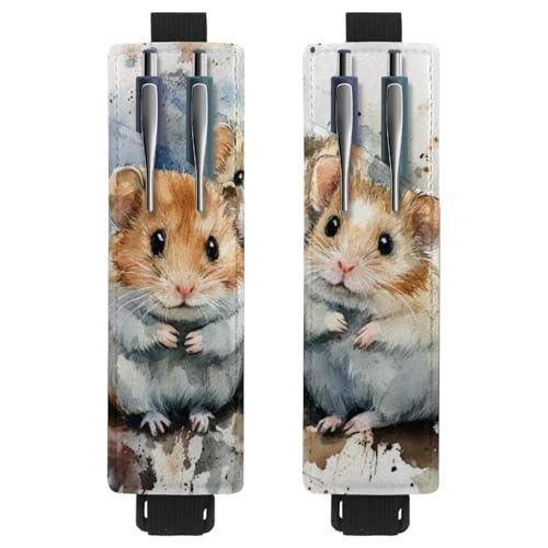 VAPOKF Stifthalter für Notizbuch, PU-Leder, Stifthalter, Stifteetui für Hardcover-Zeitschriften, Bücher, Planer, Ordner, Tablets, 2 Stück, Aquarell-Drei-Hamster von VAPOKF