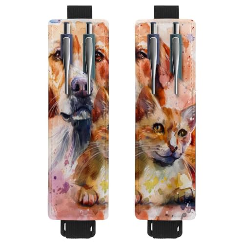 VAPOKF Stifthalter für Notizbuch, PU-Leder, Stifthalter, Stifteetui für Hardcover-Zeitschriften, Bücher, Planer, Ordner, Tablets, 2 Stück, Aquarell-Labrador und Katze von VAPOKF