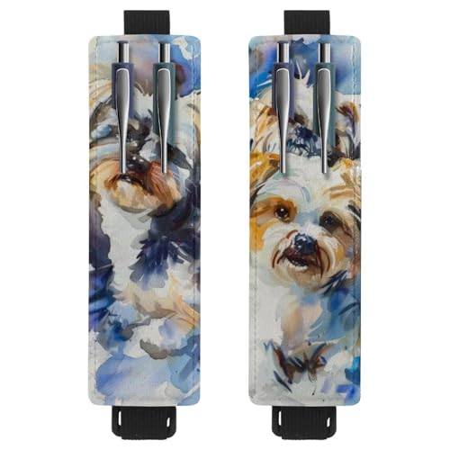 VAPOKF Stifthalter für Notizbuch, PU-Leder, Stifthalter, Stifteetui für Hardcover-Zeitschriften, Bücher, Planer, Ordner, Tablets, 2 Stück, Aquarellfarben, 3 Shih Tzu von VAPOKF