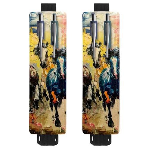 VAPOKF Stifthalter für Notizbuch, PU-Leder, Stifthalter, Stifteetui für Hardcover-Zeitschriften, Bücher, Planer, Ordner, Tablets, 2 Stück – Farbölgemälde Pferde von VAPOKF