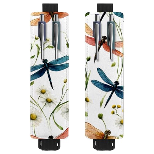 VAPOKF Stifthalter für Notizbuch, verstellbar, elastisches Band, Stifthalter, Stifteetui für Hardcover-Zeitschriften, Bücher, Planer, Ordner, Tablets – bunte Libellen-Gänseblümchen, 2 Stück von VAPOKF