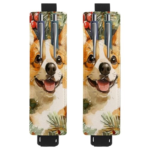 VAPOKF Stifthalter für Notizbücher, verstellbar, elastisches Band, Stifthalter aus PU-Leder, Stifteetui für Hardcover-Tagebücher, Bücher, Planer, Ordner, Tablets – Aquarell-Weihnachts-Korgi-Hund, 2 von VAPOKF