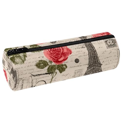 VAPOKF Vintage Paris Tower Roses Postkarte Leder Barrel Stifteetui Münzbörse Kosmetiktasche Make-up Tasche für Studenten Schreibwaren Schule Büro Aufbewahrung von VAPOKF