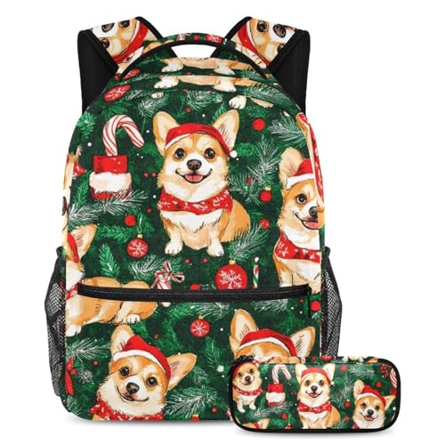 VAPOKF Weihnachts-Corgi-Glocken-Geschenk, Schulranzen-Set für Teenager, Mädchen, Jungen, Kinder, Schüler-Büchertasche, Rucksack mit Federmäppchen für die Grundschule, multi, Einheitsgröße von VAPOKF