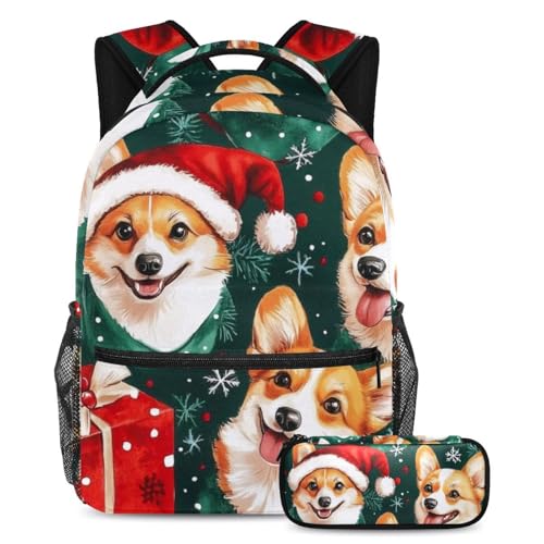 VAPOKF Weihnachts-Corgi-Hunde-Schulranzen-Set für Teenager, Mädchen, Jungen, Kinder, Schüler-Büchertasche, Rucksack mit Federmäppchen für die Grundschule, multi, Einheitsgröße, Schulranzen-Set von VAPOKF