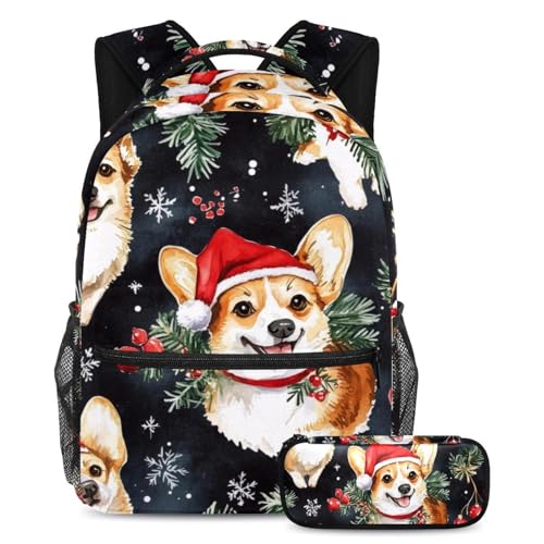 VAPOKF Weihnachts-Corgi-Hunde mit Weihnachtsmannmütze, Schultaschen-Set für Teenager, Mädchen, Jungen, Kinder, Schüler-Büchertasche, Rucksack mit Federmäppchen für die Grundschule, multi von VAPOKF